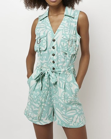RIVER ISLAND BLUE FLORAL SLEEVELESS PLAYSUIT / belted tie waist utility style playsuits / women’s on-trend summer fashion - flipped