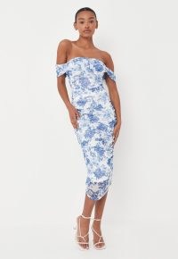MISSGUIDED blue porcelain print bardot mesh midi dress ~ glamorous date night look ~ printed off the shoulder bodycon dresses ~ on-trend party fashion