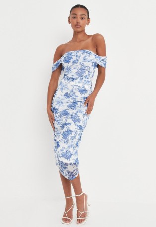 MISSGUIDED blue porcelain print bardot mesh midi dress ~ glamorous date night look ~ printed off the shoulder bodycon dresses ~ on-trend party fashion - flipped