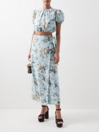ERDEM Vacation Hermia floral-print linen wrap skirt / feminine light blue straight skirts / women’s summer occasion clothes / garden party clothing