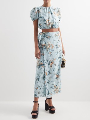 ERDEM Vacation Hermia floral-print linen wrap skirt / feminine light blue straight skirts / women’s summer occasion clothes / garden party clothing - flipped