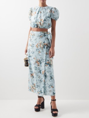 ERDEM Vacation Hermia floral-print linen wrap skirt / feminine light blue straight skirts / women’s summer occasion clothes / garden party clothing