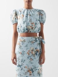 ERDEM Vacation Hydra floral-print linen cropped top / blue puff sleeve crop hem tops / romantic style summer event fashion