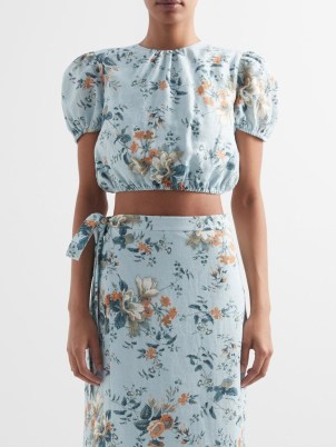 ERDEM Vacation Hydra floral-print linen cropped top / blue puff sleeve crop hem tops / romantic style summer event fashion - flipped