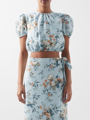 ERDEM Vacation Hydra floral-print linen cropped top / blue puff sleeve crop hem tops / romantic style summer event fashion