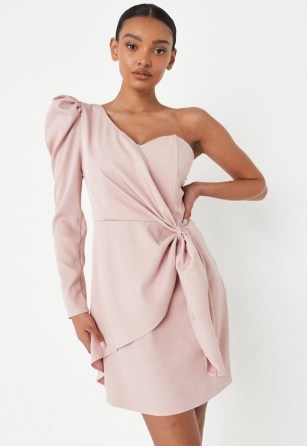 MISSGUIDED blush one shoulder puff sleeve corset mini dress ~ light pink asymmetric neckline party dresses