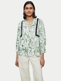 JIGSAW Botanist Floral Linen Blouse / women’s green botanical print blouses / summer tops