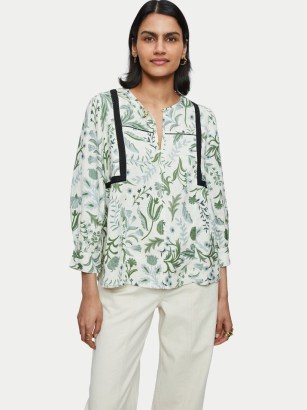 JIGSAW Botanist Floral Linen Blouse / women’s green botanical print blouses / summer tops - flipped