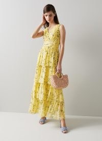 L.K. BENNETT Bower Yellow Silk Apple Blossom Print Maxi Dress / romantic floral summer occasion dresses / tiered event clothes / layered tiers / romance inspired clothing