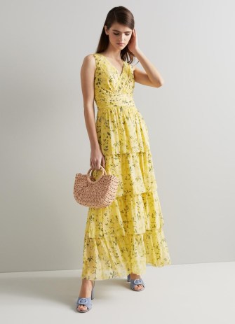 L.K. BENNETT Bower Yellow Silk Apple Blossom Print Maxi Dress / romantic floral summer occasion dresses / tiered event clothes / layered tiers / romance inspired clothing - flipped
