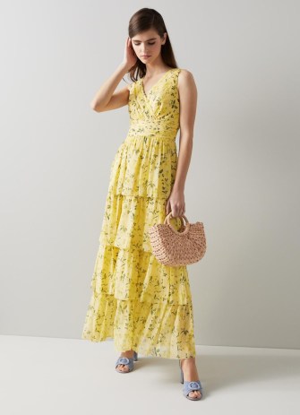 L.K. BENNETT Bower Yellow Silk Apple Blossom Print Maxi Dress / romantic floral summer occasion dresses / tiered event clothes / layered tiers / romance inspired clothing