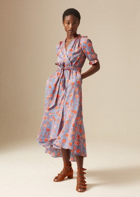 me & em Bright Paisley Wrap Dress + Belt – blue and orange floral print tie waist dresses