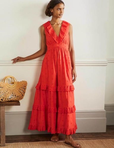 Broderie Ruffle Maxi Dress Bright Papaya / womens sleevelss vibrant orange summer dresses / femnine cotton holiday clothes