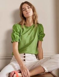 Boden Broderie Sleeve Linen T-Shirt English Ivy / pretty green puffed sleeve tee / feminine T-shirts