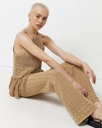 RIVER ISLAND BROWN CROCHET WIDE LEG TROUSERS ~ retro knitted fashion