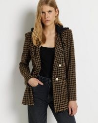 RIVER ISLAND BROWN DOGTOOTH BOUCLE BLAZER – hooded checked blazers ~ women’s smart check jackets with drawstring hood