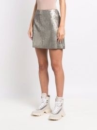 Brunello Cucinelli sequin-embellished mini skirt / women’s silver sequinned short length skirts / womens shiny metallic clothes / shimmering designer fashion