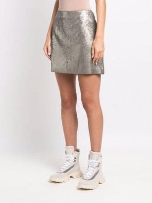 Brunello Cucinelli sequin-embellished mini skirt / women’s silver sequinned short length skirts / womens shiny metallic clothes / shimmering designer fashion / FARFETCH women’s clothing
