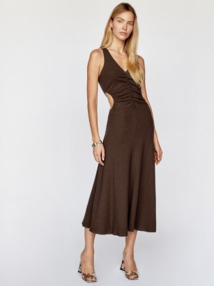Reformation Brynlee Knit Dress in Cafe ~ brown sleeveless front ruched dresses ~ chic fit and flared hem frock ~ cut out clothes - flipped