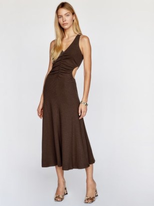 Reformation Brynlee Knit Dress in Cafe ~ brown sleeveless front ruched dresses ~ chic fit and flared hem frock ~ cut out clothes