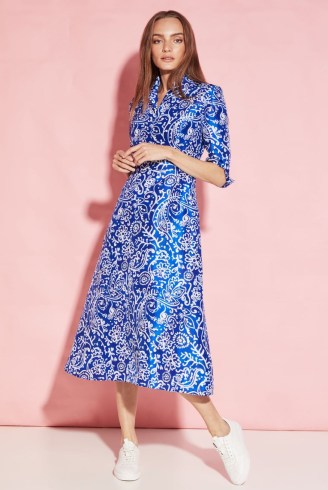 LALAGE BEAUMONT Naomi Calf Length A-Line Dress in Blue and White Printed Silk Shantung / luxe floral print summer event dresses - flipped