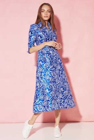LALAGE BEAUMONT Naomi Calf Length A-Line Dress in Blue and White Printed Silk Shantung / luxe floral print summer event dresses