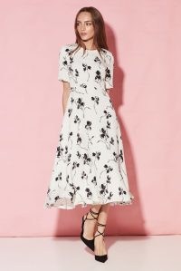 LALAGE BEAUMONT Lexie Calf-Length Fluid Silk Cloqué Dress in Ivory and Black Print / feminine floral summer occasion dresses