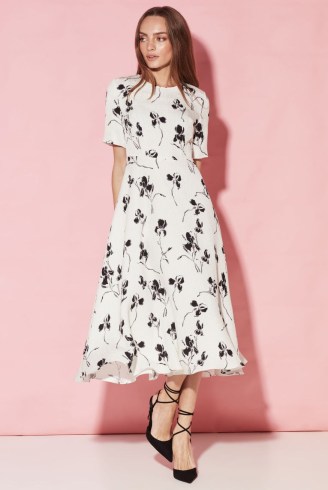 LALAGE BEAUMONT Lexie Calf-Length Fluid Silk Cloqué Dress in Ivory and Black Print / feminine floral summer occasion dresses