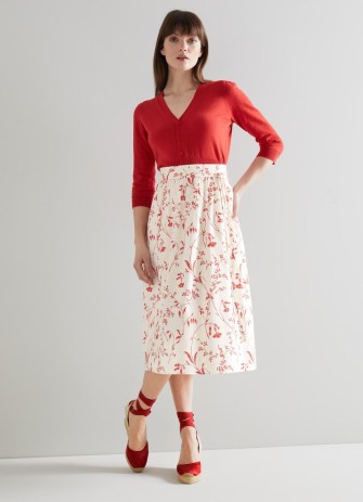 L.K. BENNETT Callie Cream Cotton Botanical Print Skirt / women’s tie waist summer skirts / red floral prints - flipped
