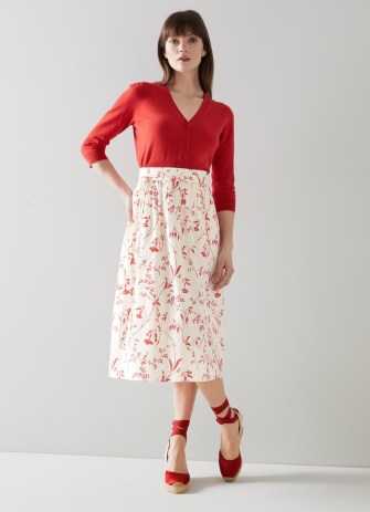 L.K. BENNETT Callie Cream Cotton Botanical Print Skirt / women’s tie waist summer skirts / red floral prints