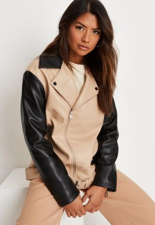 MISSGUIDED camel colourblock faux leather biker jacket ~ light brown colour block jackets - flipped