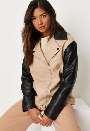 MISSGUIDED camel colourblock faux leather biker jacket ~ light brown colour block jackets