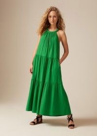 ME and EM Cheesecloth Braided Halterneck Maxi Dress in Island Green / women’s sleeveless tiered cotton summer dresses / braid detail neckline / womens halter neck holiday clothes