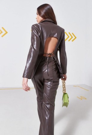 MISSGUIDED chocolate co ord faux leather open tie back blazer – luxe style blazers – women’s brown trendy cut out jackets