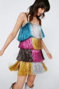 NASTY GAL Color Block Tinsel Fringe Mini Dress – strappy multicoloured fringed dresses – metallic festival fashion