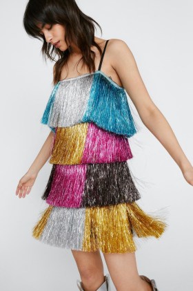 NASTY GAL Color Block Tinsel Fringe Mini Dress – strappy multicoloured fringed dresses – metallic festival fashion - flipped