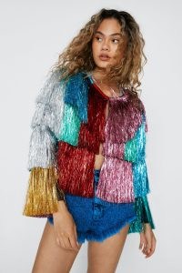NASTY GAL Colour Block Tinsel Fringe Jacket Co-Ord – fringed festival clothes – metallic multicoloued colourblock jackets