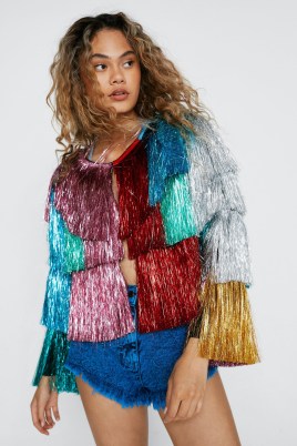 NASTY GAL Colour Block Tinsel Fringe Jacket Co-Ord – fringed festival clothes – metallic multicoloued colourblock jackets - flipped