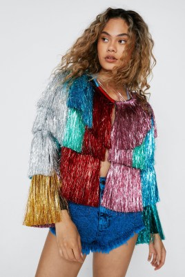 NASTY GAL Colour Block Tinsel Fringe Jacket Co-Ord – fringed festival clothes – metallic multicoloued colourblock jackets