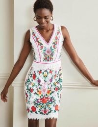 Boden Connie Embroidered Linen Dress White / sleeveless shift style floral dresses / feminine summer clothes