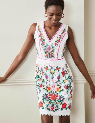 Boden Connie Embroidered Linen Dress White / sleeveless shift style floral dresses / feminine summer clothes - flipped