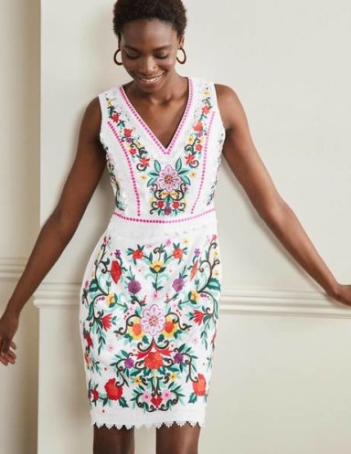 Boden Connie Embroidered Linen Dress White / sleeveless shift style floral dresses / feminine summer clothes
