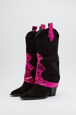 NASTY GAL Contrast Fold Over Western Boots ~ women’s black and pink cowboy boots - flipped
