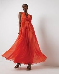 RIVER ISLAND CORAL GATHERED SMOCK MAXI DRESS / feminine and floaty evening dresses / orange sheer overlay occasion dress