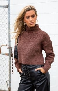 Corby Chocolate Crop Sweater | brown long sleeved high neck cropped jumpers | oversized crop hem turtleneck sweaters | on-trend drop shoulder jumper