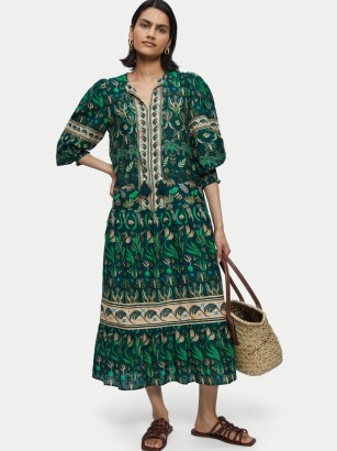JIGSAW Cotton Botanical Floral Maxi Dress – green printed bohemian dresses - flipped
