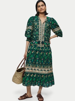 JIGSAW Cotton Botanical Floral Maxi Dress – green printed bohemian dresses
