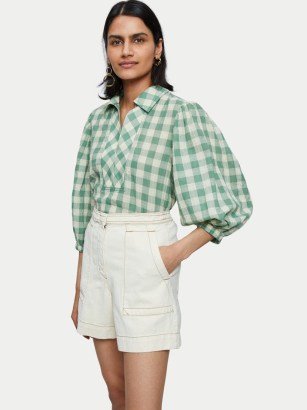 JIGSAW Cotton Gingham Placket Top in Green / checked balloon sleeved summer tops - flipped