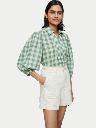JIGSAW Cotton Gingham Placket Top in Green / checked balloon sleeved summer tops