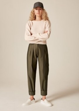 ME and EM Cotton High-Waisted Barrel-Leg Trouser Dark Khaki – women’s green tapered pocket detail trousers
